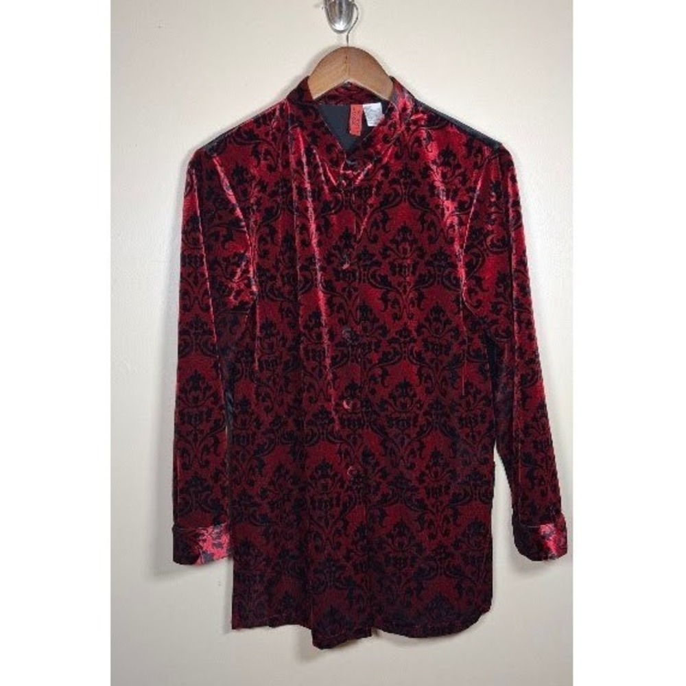 Look East Red Black Velvet Damask Flocked Graphic Mandarin Collar Top XS
